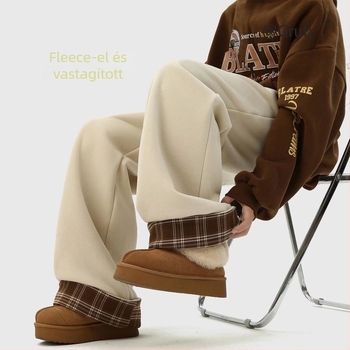 Férfi fleece-belelt kockás sherpa melegítő nadrág, laza szabású, középmagas derekú