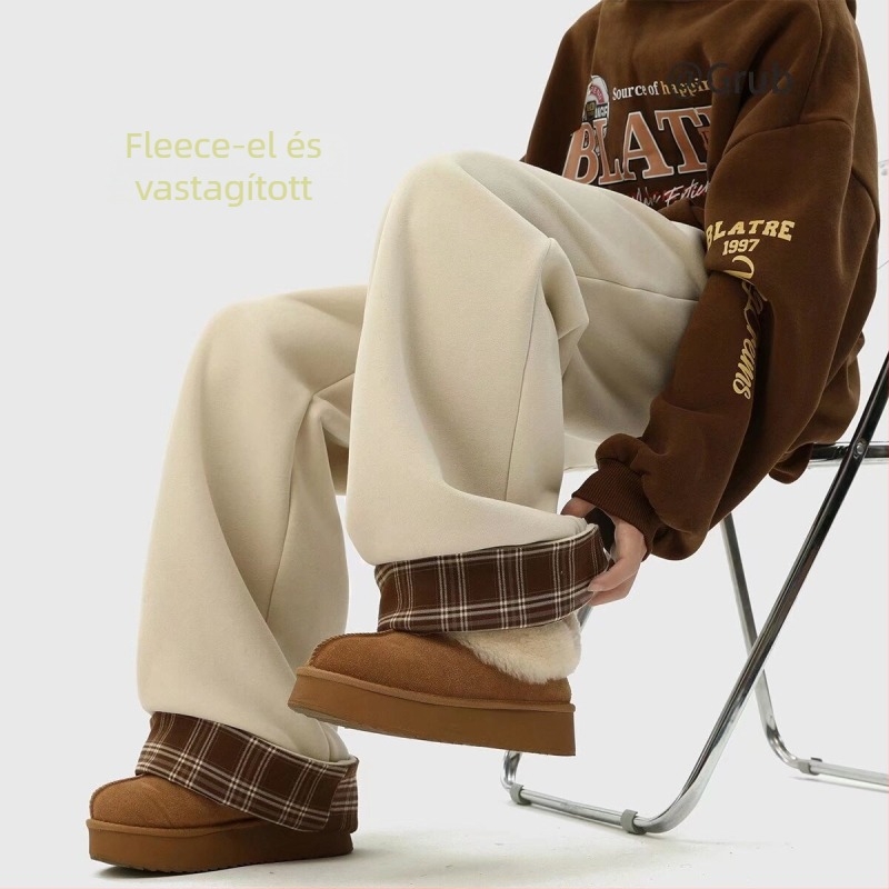 Férfi fleece-belelt kockás sherpa melegítő nadrág, laza szabású, középmagas derekú