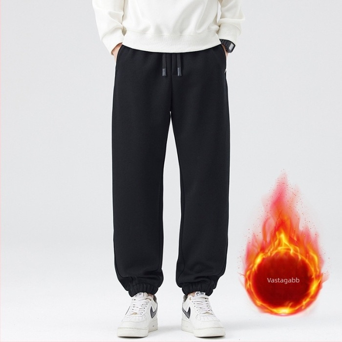 Férfi egyenes szabású nadrág fleece-beléssel, japán retro stílus, magas derék, pamut-keverék