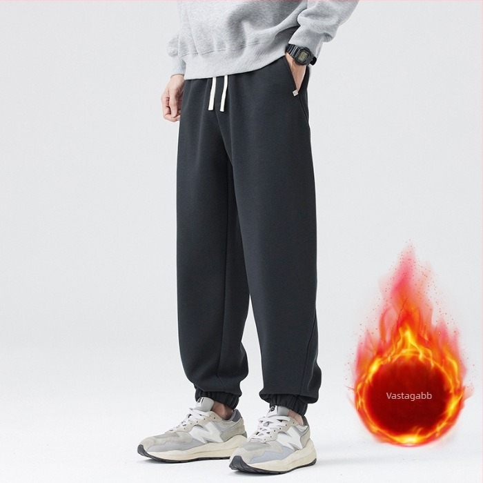 Férfi egyenes szabású nadrág fleece-beléssel, japán retro stílus, magas derék, pamut-keverék