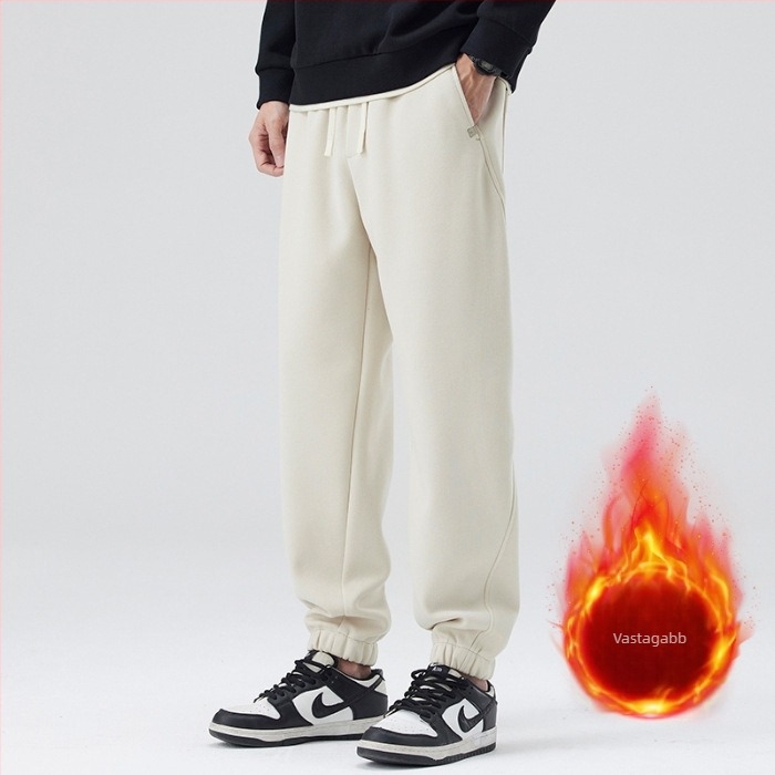 Férfi egyenes szabású nadrág fleece-beléssel, japán retro stílus, magas derék, pamut-keverék