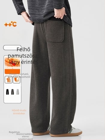 Férfi edző nadrág fleece-béléssel, nehéz, laza egyenes szabás, középső derék, bambusz-poliészter anyag