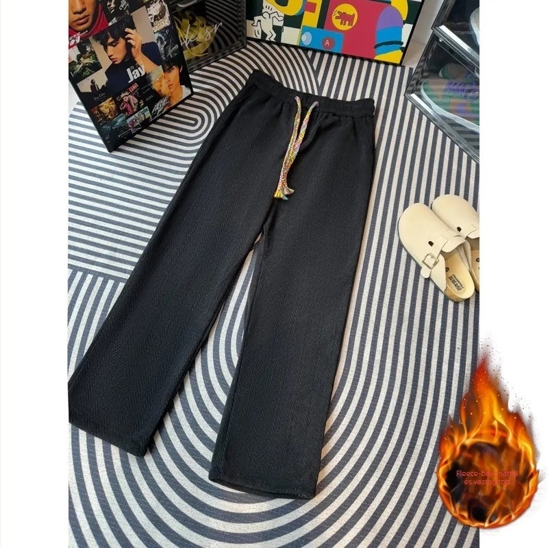 Férfi fleece-béléssel ellátott sportnadrág, egyenes szabású, övvel, Hongkong-stílus