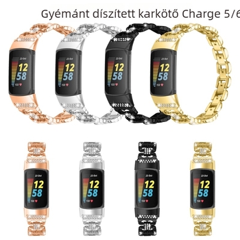 Fém óraszíj Fitbit Charge5/Charge6-hoz, gyémántdíszítés, 18 mm interfész, snap csattal
