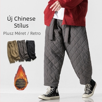 Férfi pamutkeverék nadrág, vastagított, egyenes szabású, középmagas derékkal, kínai stílusú retro casual nadrág több zsebes