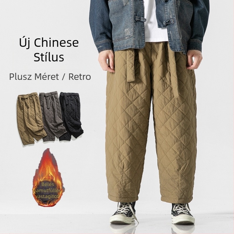 Férfi pamutkeverék nadrág, vastagított, egyenes szabású, középmagas derékkal, kínai stílusú retro casual nadrág több zsebes