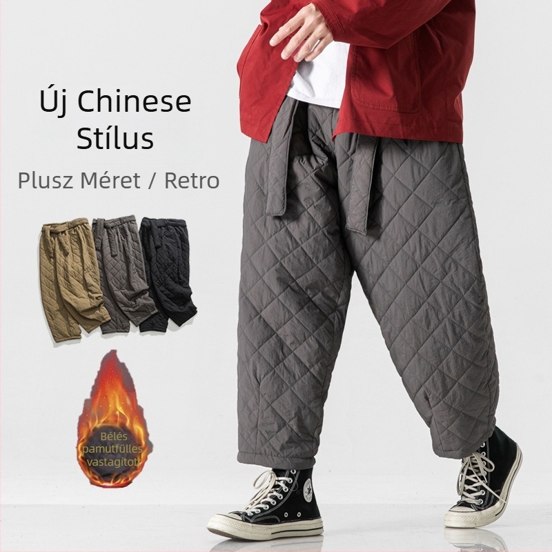 Férfi pamutkeverék nadrág, vastagított, egyenes szabású, középmagas derékkal, kínai stílusú retro casual nadrág több zsebes