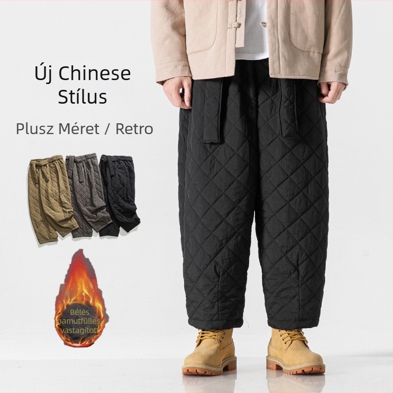Férfi pamutkeverék nadrág, vastagított, egyenes szabású, középmagas derékkal, kínai stílusú retro casual nadrág több zsebes