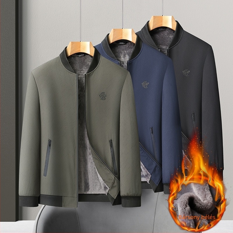 Férfi téli dzseki V-nyakú gallérral, fleece bélésssel, cipzáros zsebek, előre cipzárral, 100% poliészter