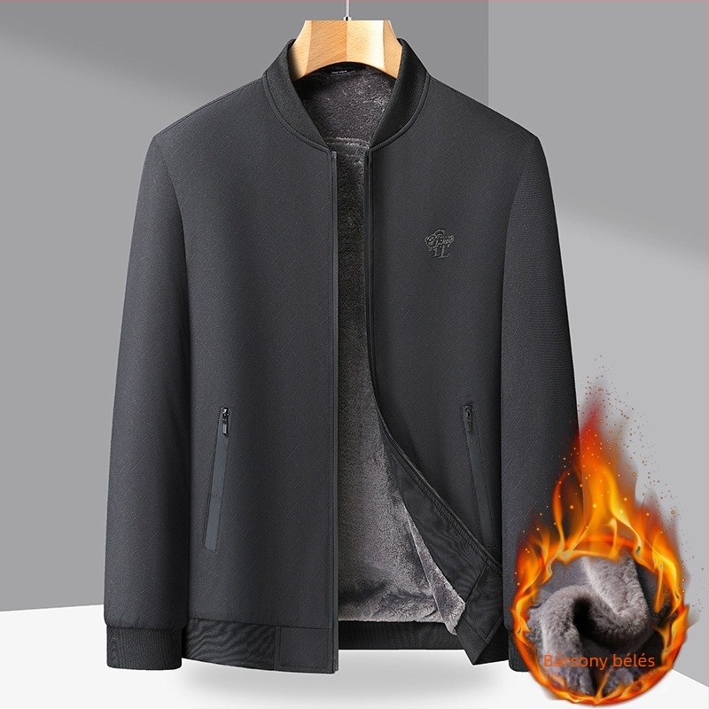Férfi téli dzseki V-nyakú gallérral, fleece bélésssel, cipzáros zsebek, előre cipzárral, 100% poliészter