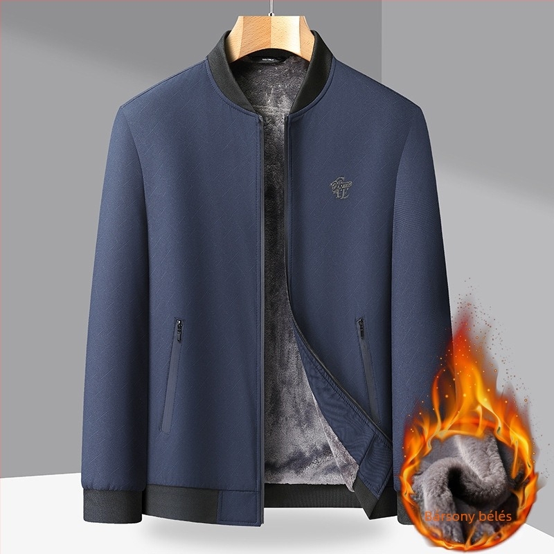 Férfi téli dzseki V-nyakú gallérral, fleece bélésssel, cipzáros zsebek, előre cipzárral, 100% poliészter