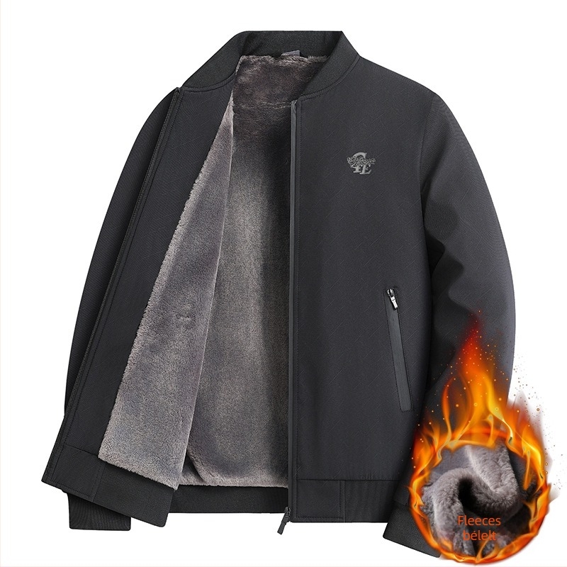 Férfi téli dzseki V-nyakú gallérral, fleece bélésssel, cipzáros zsebek, előre cipzárral, 100% poliészter