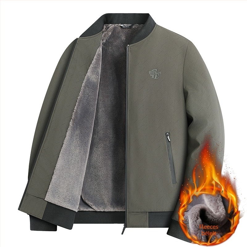 Férfi téli dzseki V-nyakú gallérral, fleece bélésssel, cipzáros zsebek, előre cipzárral, 100% poliészter