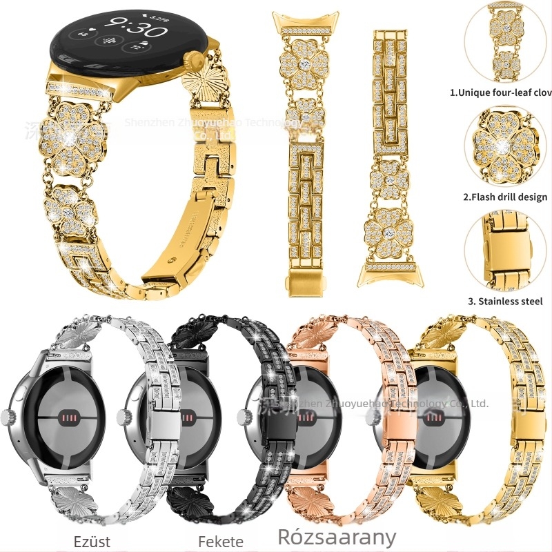 Google Pixel Watch fém szíj négylevelű lóhere mintázattal és gyémánt díszítéssel, 20 mm csatolási szélesség, 65 g tömeg, 2025-ben megjelenés, divat stílus