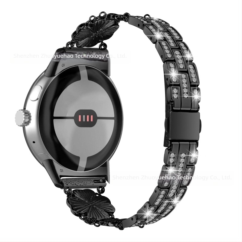Google Pixel Watch fém szíj négylevelű lóhere mintázattal és gyémánt díszítéssel, 20 mm csatolási szélesség, 65 g tömeg, 2025-ben megjelenés, divat stílus