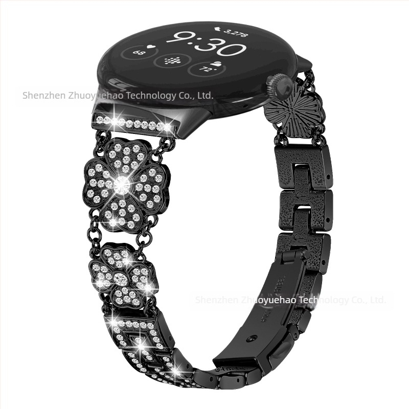 Google Pixel Watch fém szíj négylevelű lóhere mintázattal és gyémánt díszítéssel, 20 mm csatolási szélesség, 65 g tömeg, 2025-ben megjelenés, divat stílus