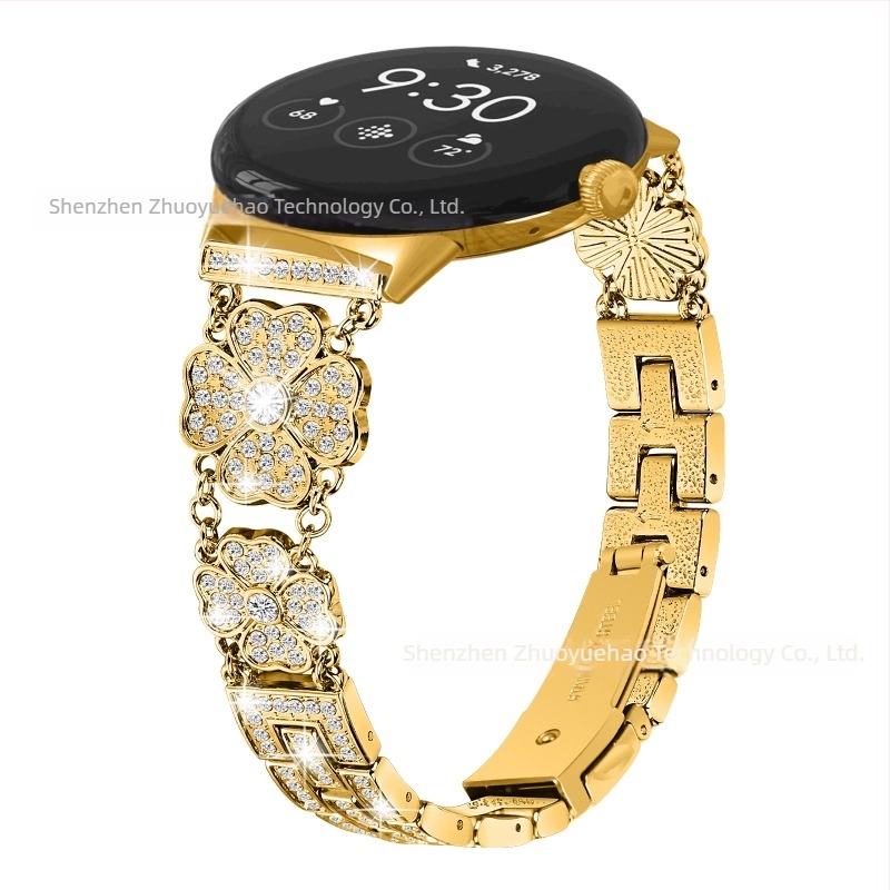 Google Pixel Watch fém szíj négylevelű lóhere mintázattal és gyémánt díszítéssel, 20 mm csatolási szélesség, 65 g tömeg, 2025-ben megjelenés, divat stílus