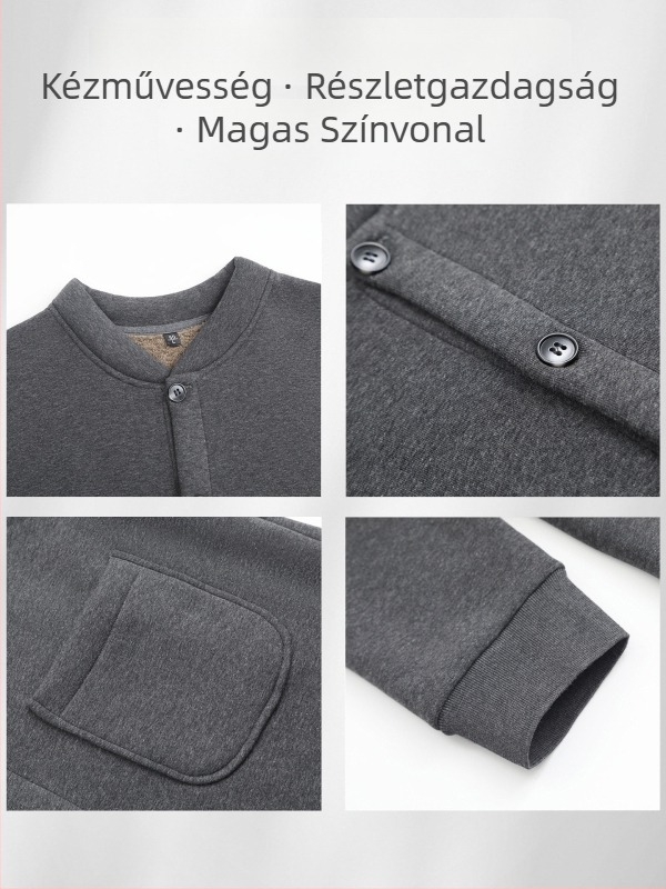 Pamut kardigán fleece-béléssel, álló gallér, hosszú ujjú, egy soros gombolású