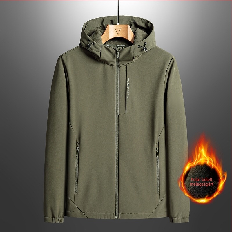 Férfi Soft Shell dzseki fleece belsővel, kapucnival, cipzárral, poliészterből, tartós