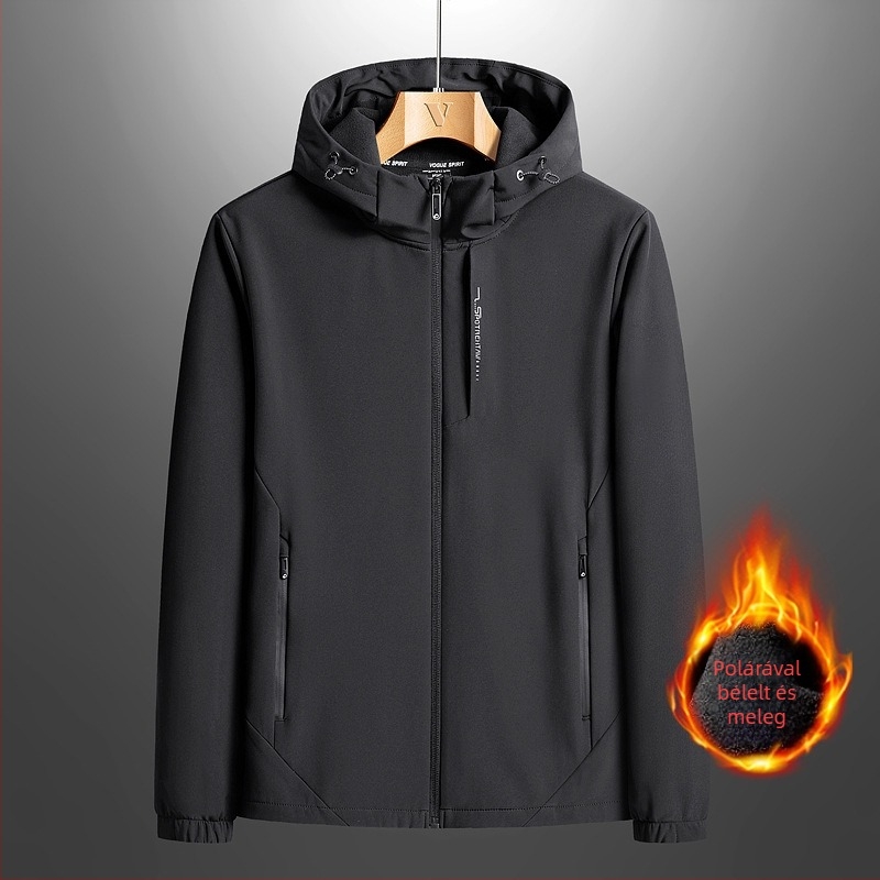 Férfi Soft Shell dzseki fleece belsővel, kapucnival, cipzárral, poliészterből, tartós