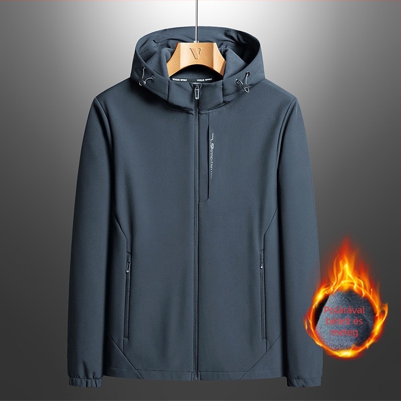 Férfi Soft Shell dzseki fleece belsővel, kapucnival, cipzárral, poliészterből, tartós