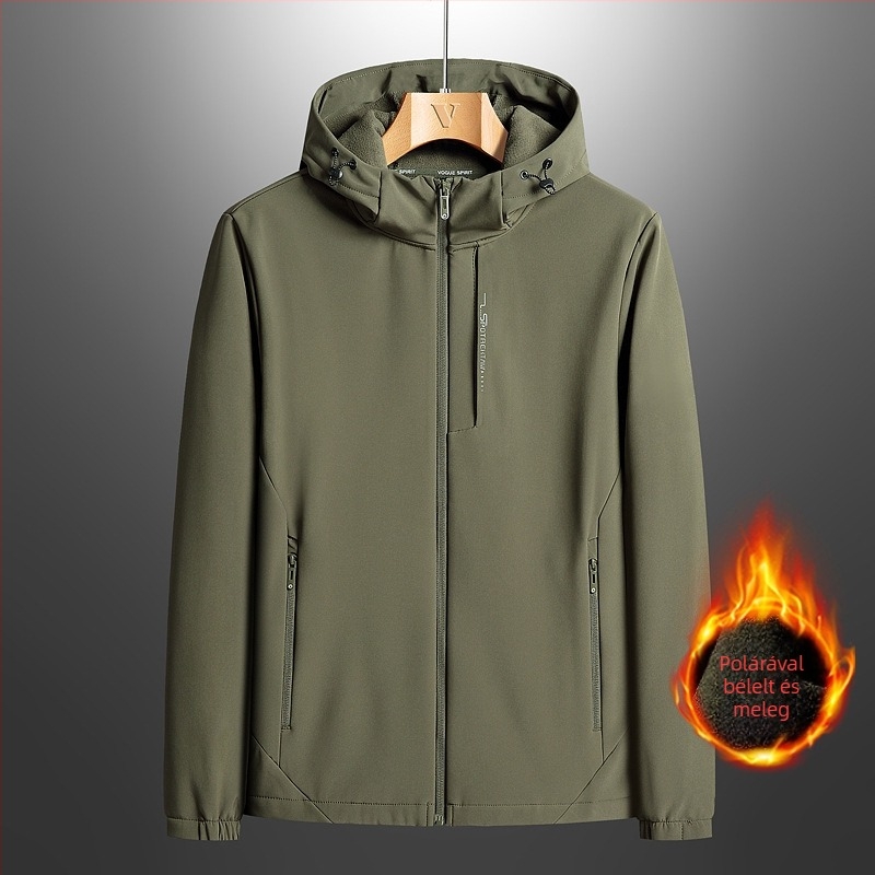 Férfi Soft Shell dzseki fleece belsővel, kapucnival, cipzárral, poliészterből, tartós