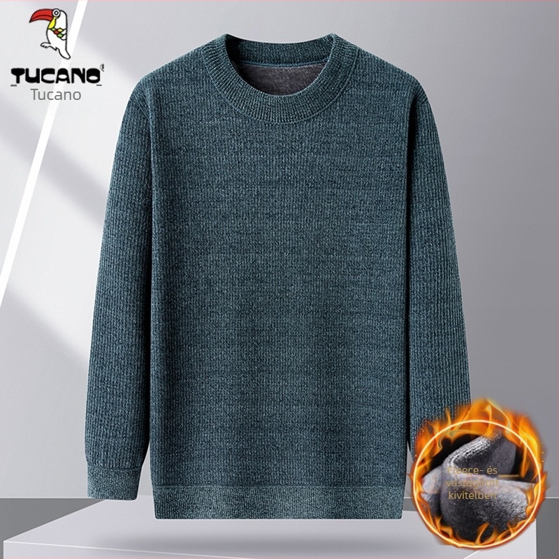 Férfi téli kötött felső fleece béléssel, vastagított, belső ruházathoz alkalmas, hosszú ujjú, kerek nyak, középkorúaknak és idős korosztálynak