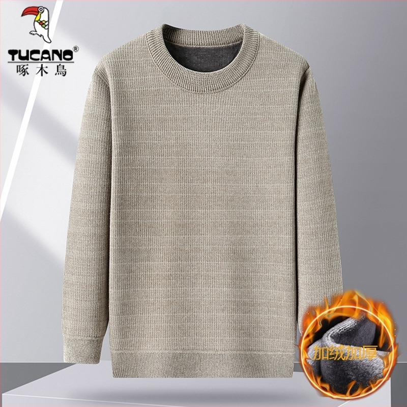 Férfi téli kötött felső fleece béléssel, vastagított, belső ruházathoz alkalmas, hosszú ujjú, kerek nyak, középkorúaknak és idős korosztálynak