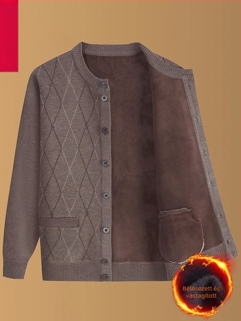 Kötött külső kabát téli viselet, fleece-béléssel, kerek nyakú gallérral, laza szabás, patch zsebek