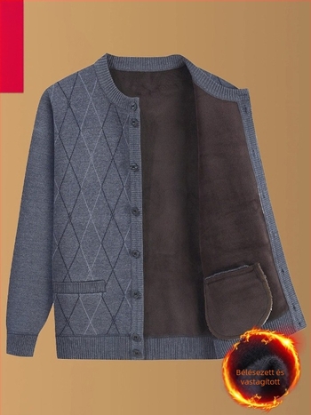 Kötött külső kabát téli viselet, fleece-béléssel, kerek nyakú gallérral, laza szabás, patch zsebek