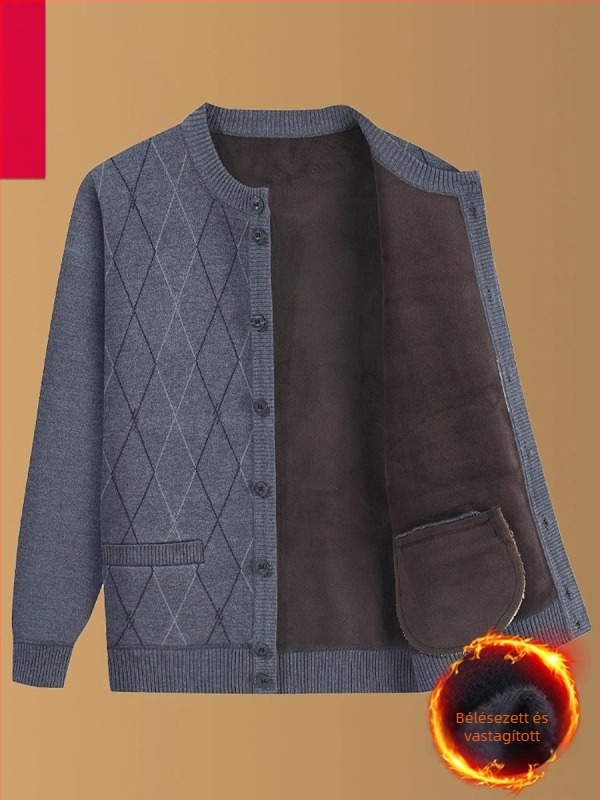 Kötött külső kabát téli viselet, fleece-béléssel, kerek nyakú gallérral, laza szabás, patch zsebek