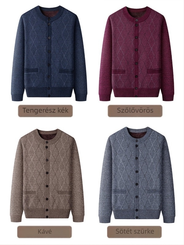 Kötött külső kabát téli viselet, fleece-béléssel, kerek nyakú gallérral, laza szabás, patch zsebek