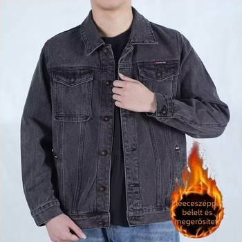 Flísz béléssel ellátott vastag farmerdzseki férfiaknak, téli casual külső, elasztikus denim, pamut bélés, patch zsebek