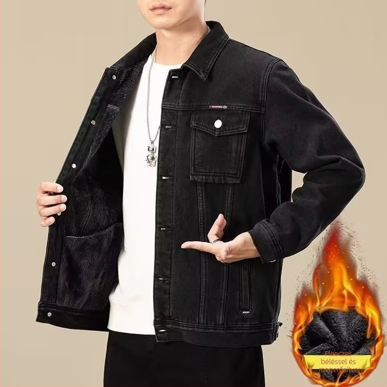 Flísz béléssel ellátott vastag farmerdzseki férfiaknak, téli casual külső, elasztikus denim, pamut bélés, patch zsebek