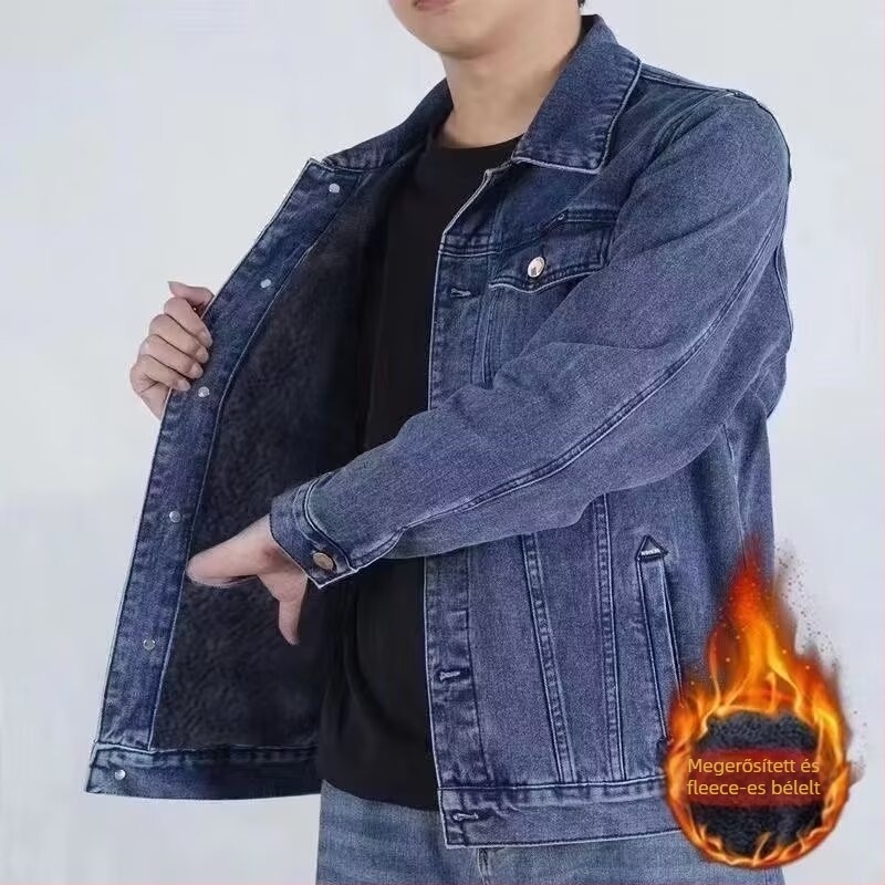 Flísz béléssel ellátott vastag farmerdzseki férfiaknak, téli casual külső, elasztikus denim, pamut bélés, patch zsebek