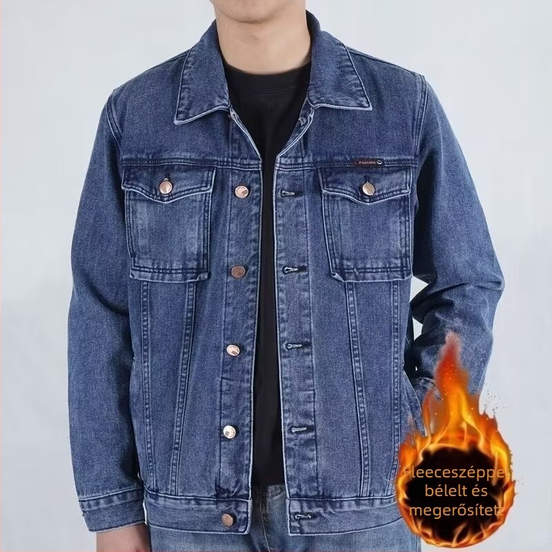 Flísz béléssel ellátott vastag farmerdzseki férfiaknak, téli casual külső, elasztikus denim, pamut bélés, patch zsebek