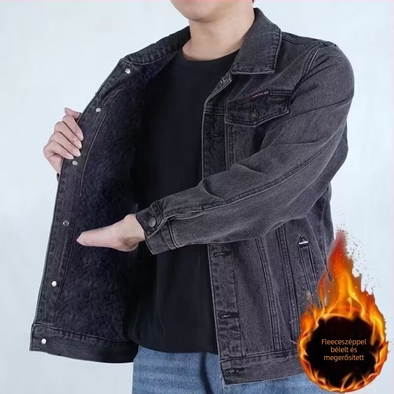 Flísz béléssel ellátott vastag farmerdzseki férfiaknak, téli casual külső, elasztikus denim, pamut bélés, patch zsebek