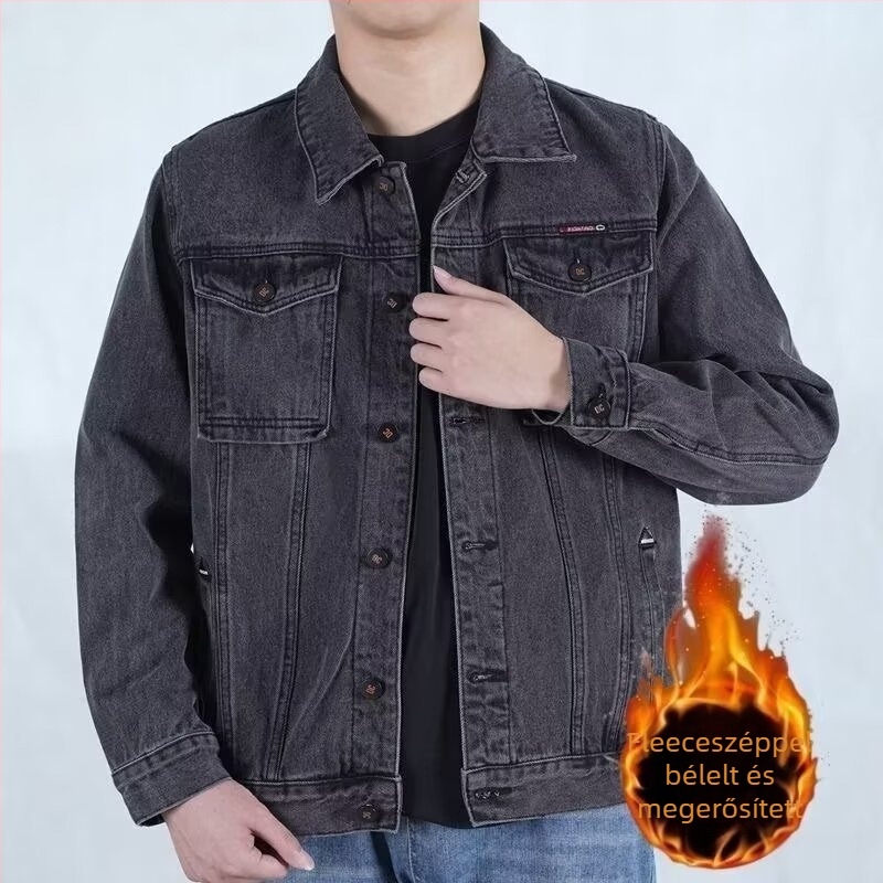 Flísz béléssel ellátott vastag farmerdzseki férfiaknak, téli casual külső, elasztikus denim, pamut bélés, patch zsebek