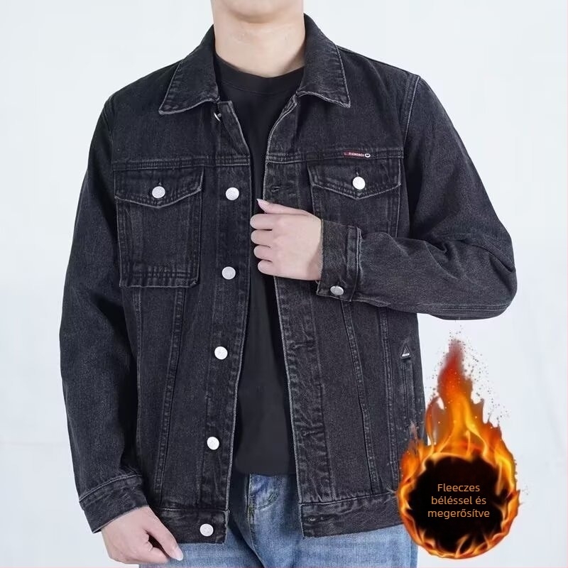 Flísz béléssel ellátott vastag farmerdzseki férfiaknak, téli casual külső, elasztikus denim, pamut bélés, patch zsebek