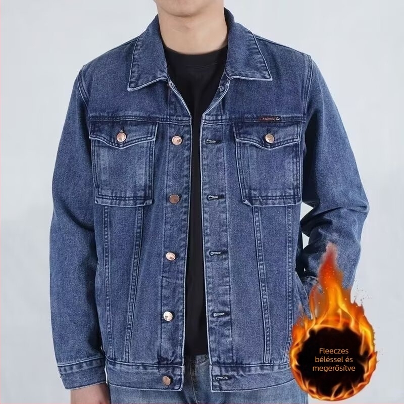 Flísz béléssel ellátott vastag farmerdzseki férfiaknak, téli casual külső, elasztikus denim, pamut bélés, patch zsebek