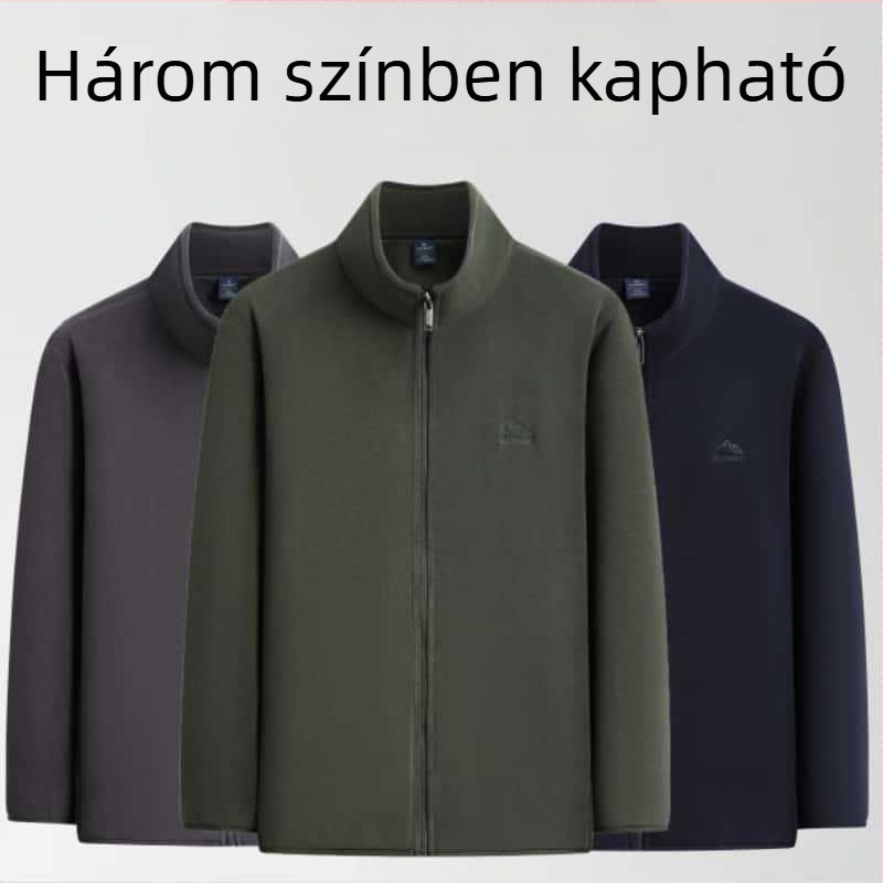 Őszi-téli könnyű férfi kabát-sweater kardigán cipzárral, oldalsó zsebek, félmagas gallér, laza szabás, üzleti-casual stílus