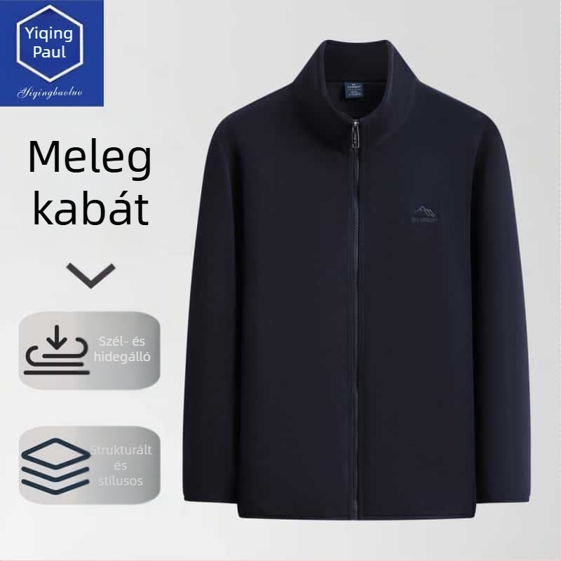 Őszi-téli könnyű férfi kabát-sweater kardigán cipzárral, oldalsó zsebek, félmagas gallér, laza szabás, üzleti-casual stílus