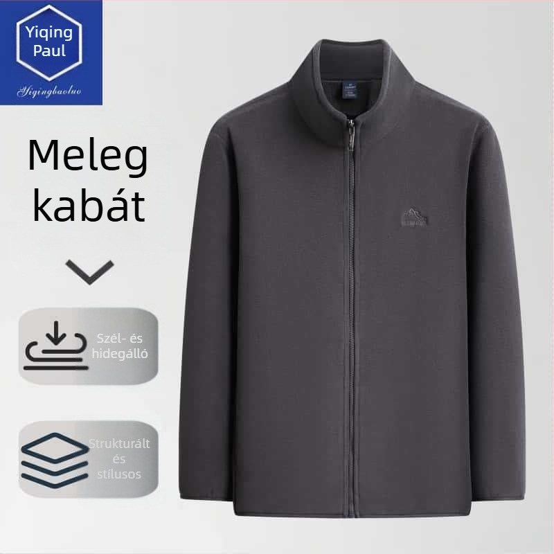 Őszi-téli könnyű férfi kabát-sweater kardigán cipzárral, oldalsó zsebek, félmagas gallér, laza szabás, üzleti-casual stílus