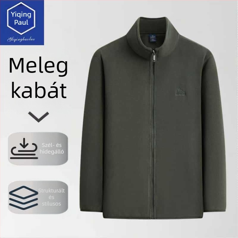 Őszi-téli könnyű férfi kabát-sweater kardigán cipzárral, oldalsó zsebek, félmagas gallér, laza szabás, üzleti-casual stílus