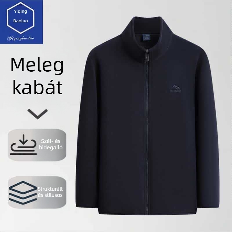 Őszi-téli könnyű férfi kabát-sweater kardigán cipzárral, oldalsó zsebek, félmagas gallér, laza szabás, üzleti-casual stílus