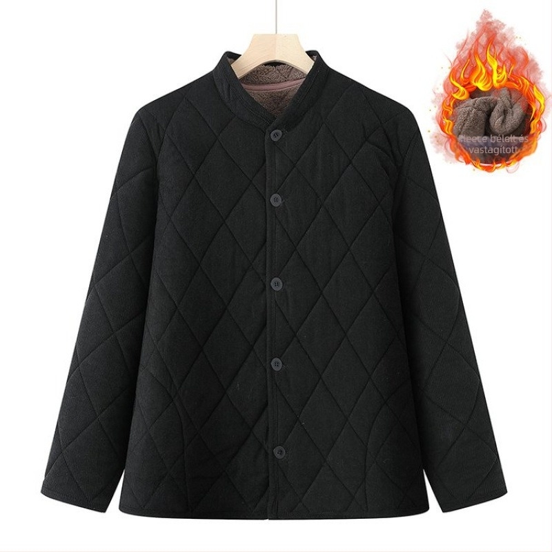 Férfiaknak szóló téli tömött külső kabát, álló gallér, hosszú ujjak, egysoros gombolás, len-keverék anyag, téli szezon