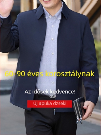Középkorú és idősebb férfiaknak készült dzseki, sokoldalú, hétköznapi kinézetű kabát galléros