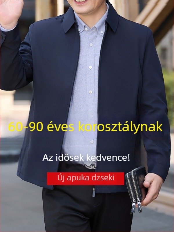 Középkorú és idősebb férfiaknak készült dzseki, sokoldalú, hétköznapi kinézetű kabát galléros