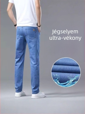 Férfi egyenes szabású farmer, elasztikus, középmagas derék, gombos zárás, 80% pamut, tavasz–ősz