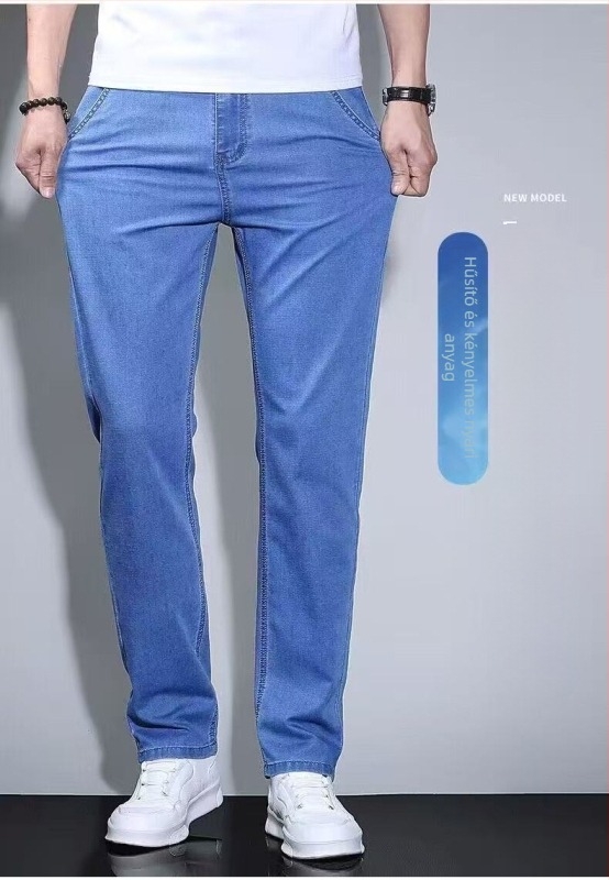 Férfi egyenes szabású farmer, elasztikus, középmagas derék, gombos zárás, 80% pamut, tavasz–ősz